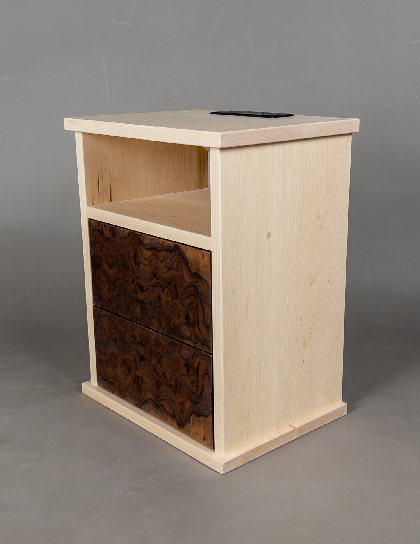 Maple and walnut burl floating nightstands