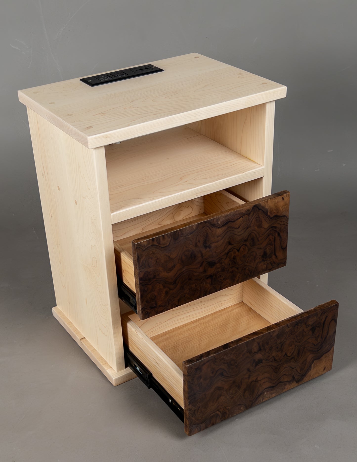 Maple and walnut burl floating nightstands