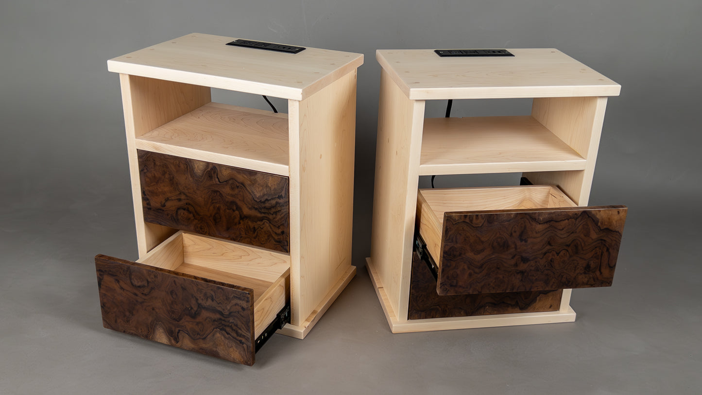 Maple and walnut burl floating nightstands