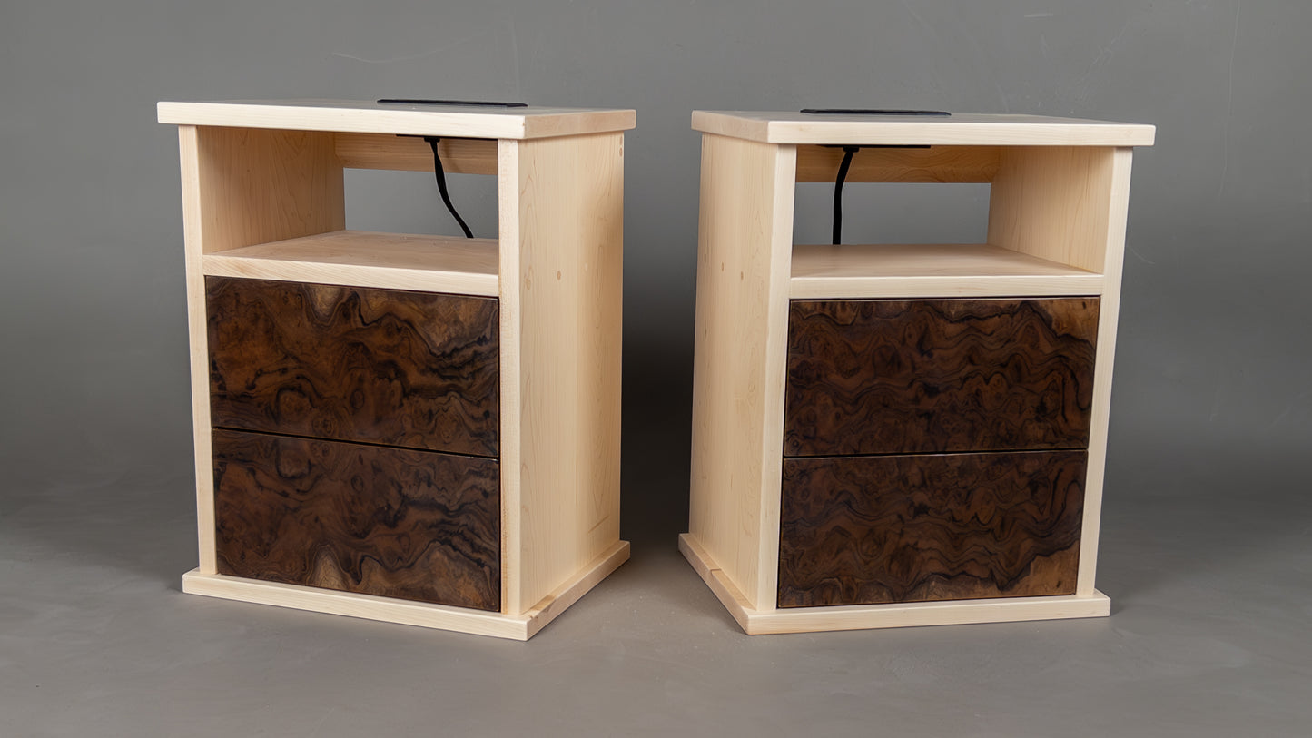 Maple and walnut burl floating nightstands
