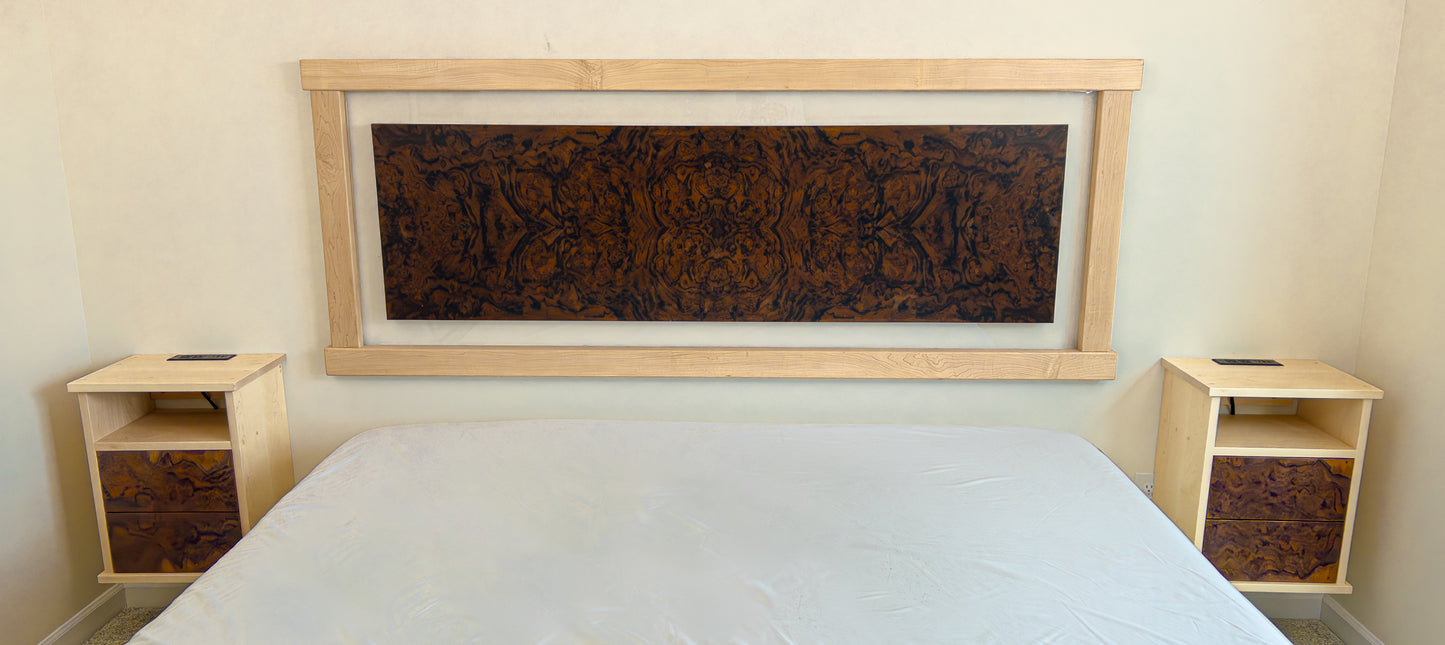 Maple and walnut burl bed frame