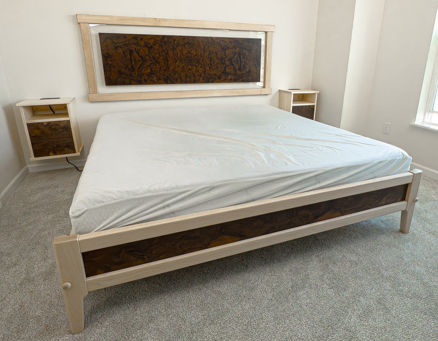 Maple and walnut burl bed frame