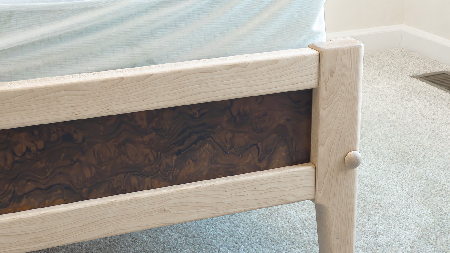Maple and walnut burl bed frame