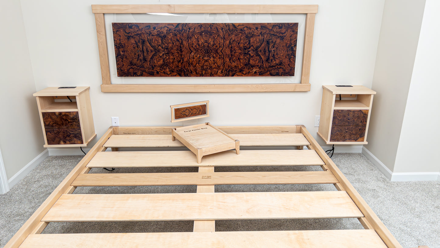 Maple and walnut burl bed frame