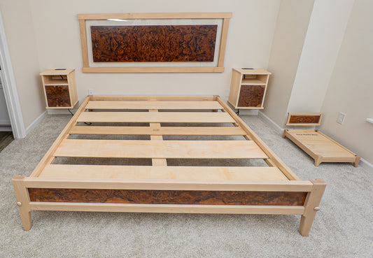 Maple and walnut burl bed frame